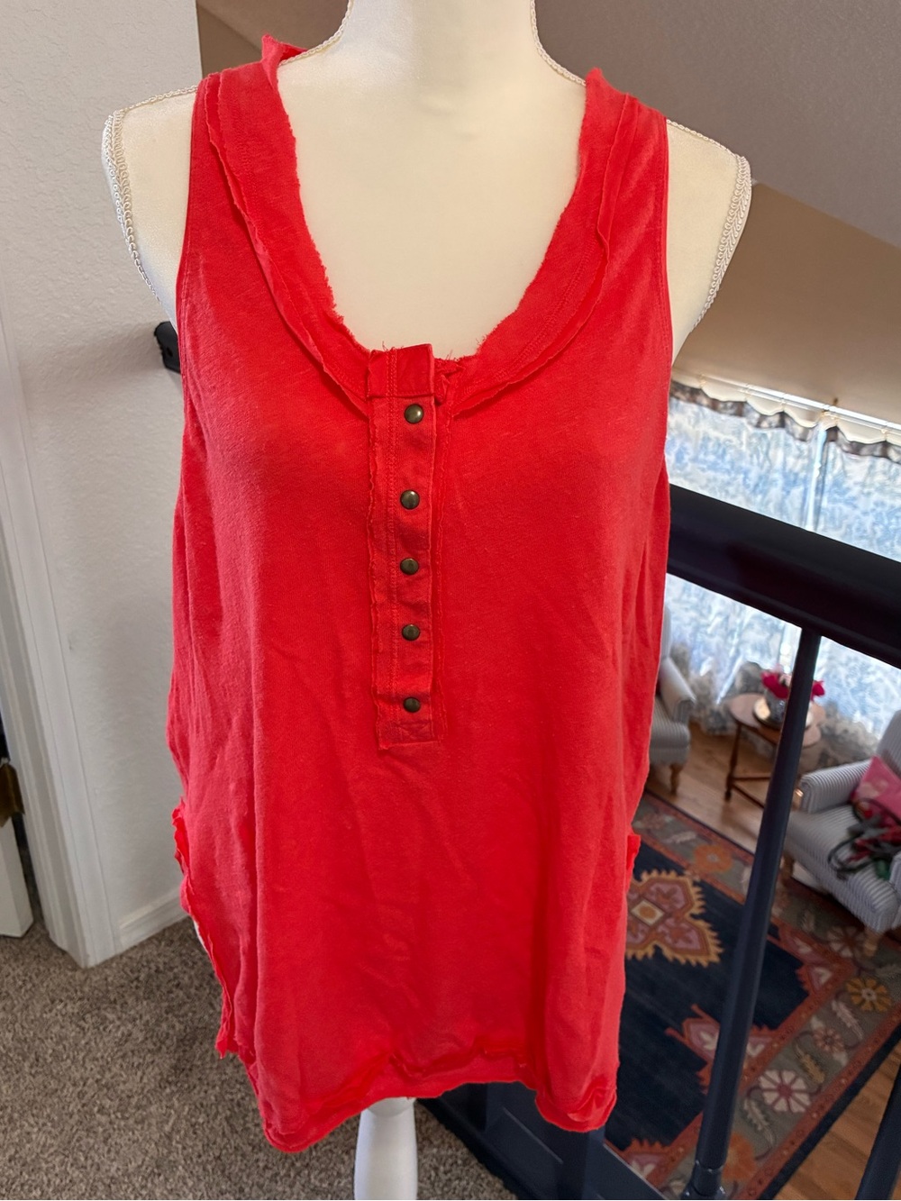 Free People Coral Red Sleeveless Henley Tank